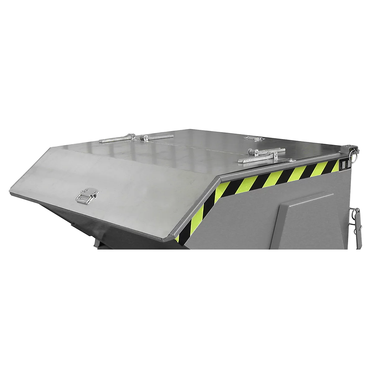 Gray metal container, lid open. Yellow and black stripes as a warning.
