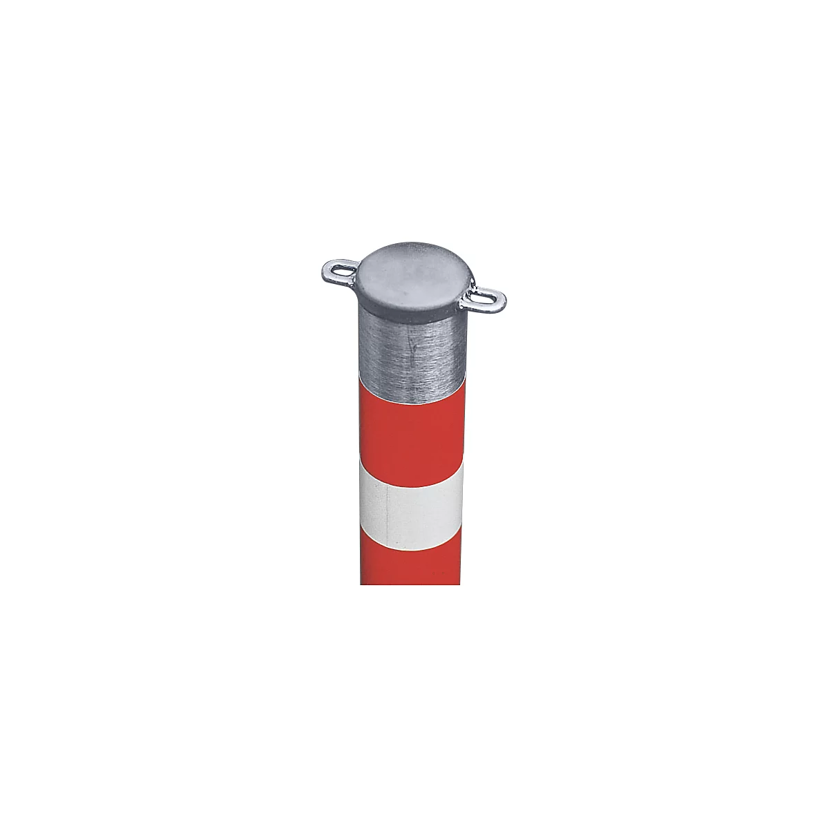Vertical bollard, red and white striped, with silver cap and two handle loops.