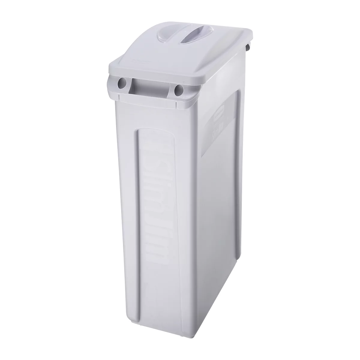 White, rectangular trash can with lid. Recessed handle and built-in recesses.