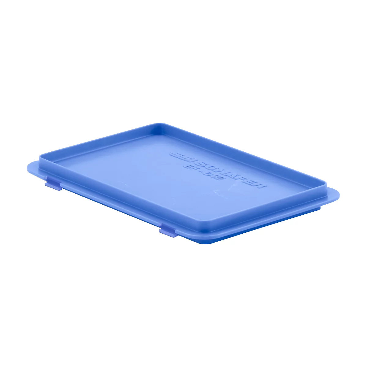 Light blue rectangular plastic cover. The edge has a raised edge that says "GESCHAFEN". There are two clips at the bottom.