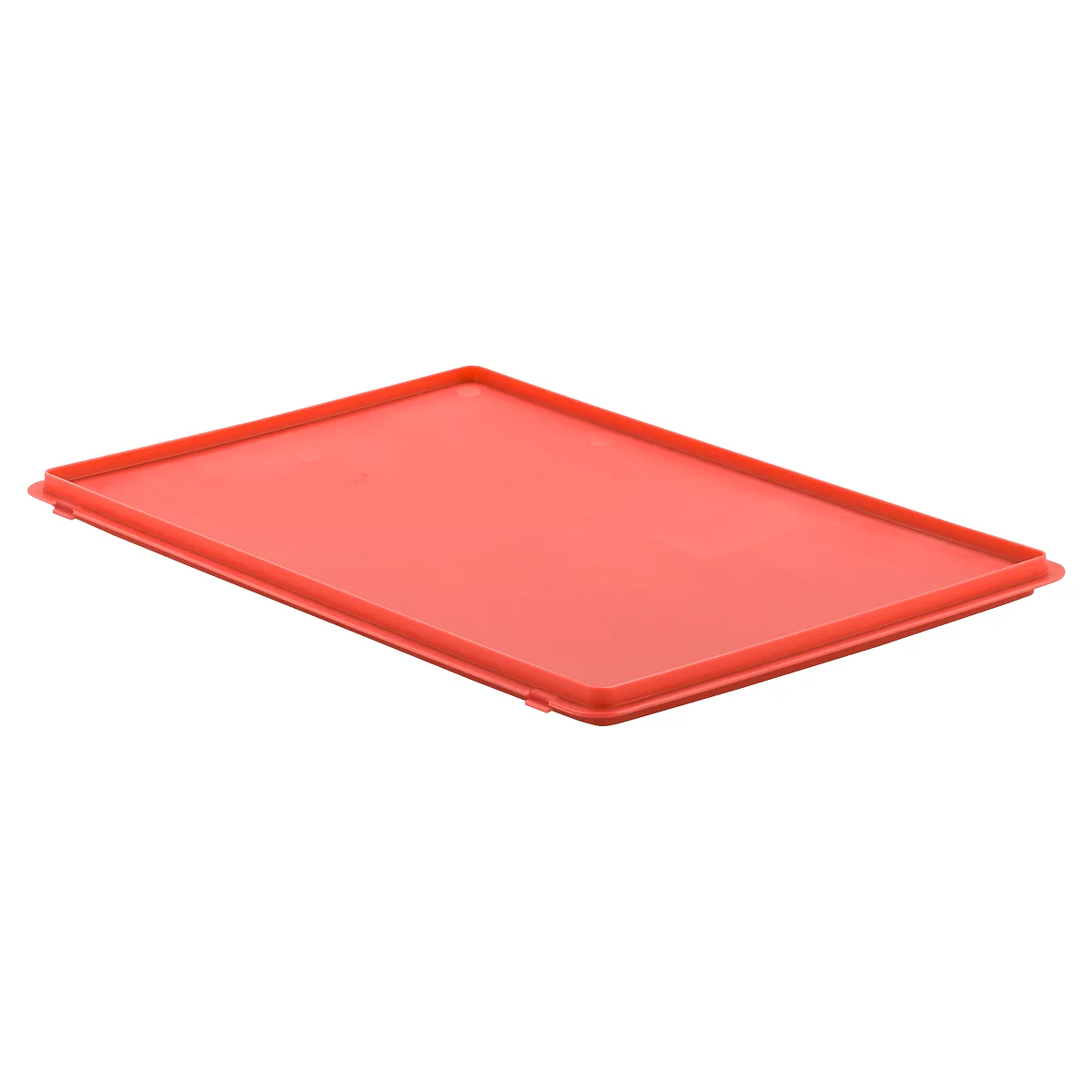 Rectangular, red lid, slightly raised at the edges, for a storage box.