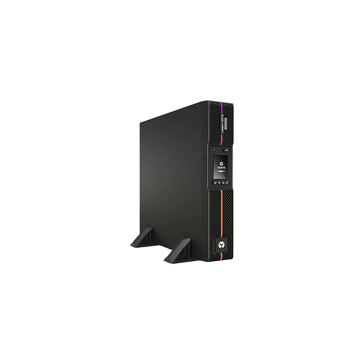 Ein schwarzer Server-Turm mit Vertiv-Logo und Namen auf der Vorderseite, auf weißem Grund stehend.