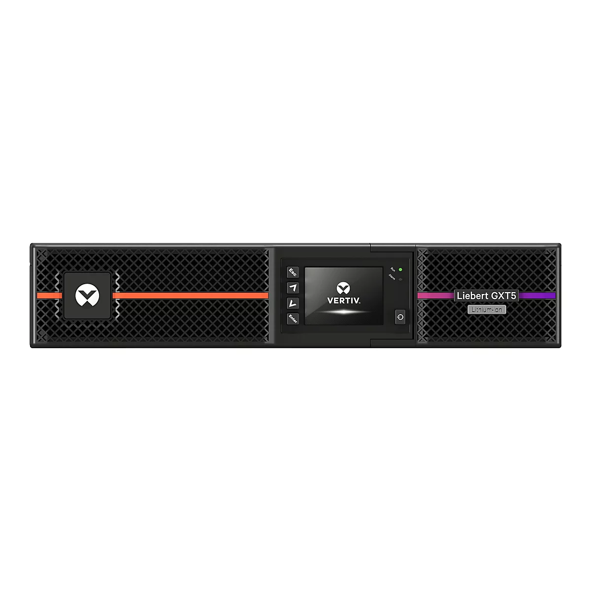 Ein schwarzes Gerät mit Logo, Bildschirm und Text "Liebert GXT5 Lithium-Ion".