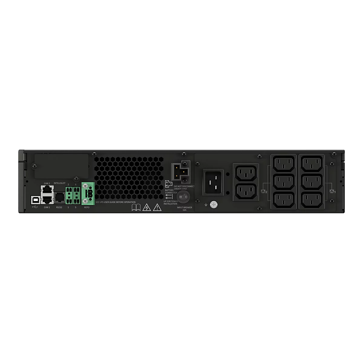 Rückseite eines schwarzen USV-Geräts mit Anschlüssen, Netzteilen und Aufschriften wie CAN, RS232 und Input Breaker.