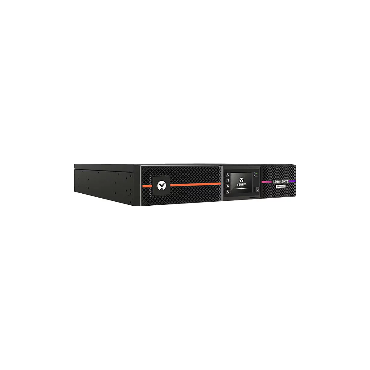 Schwarzes Server-Rack mit Logo und Display. Aufschrift: Vertiv, Liébert GXT5.