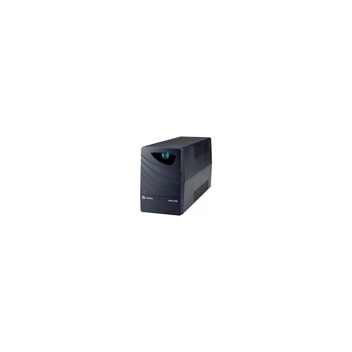 Schwarze USV-Anlage mit blauem Power-Knopf und Vertiv-Logo. Aufschrift: „Liebert iON“