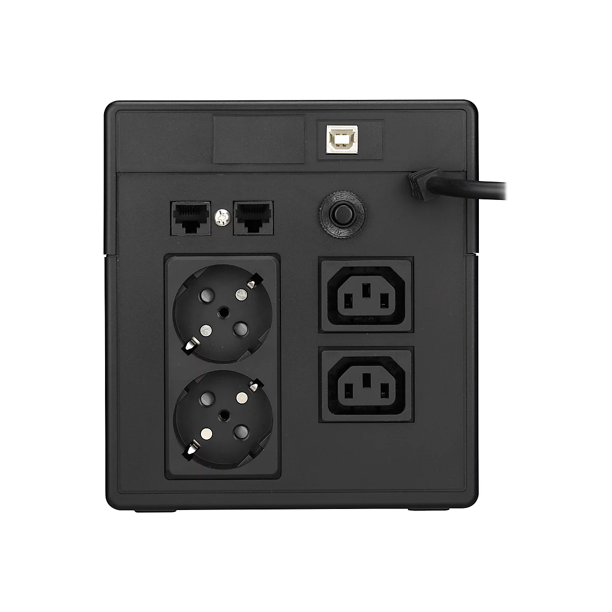 Arrière d'un onduleur noir avec connexions : 2 prises de courant, 2 ports Ethernet, port USB et connecteur d'alimentation.