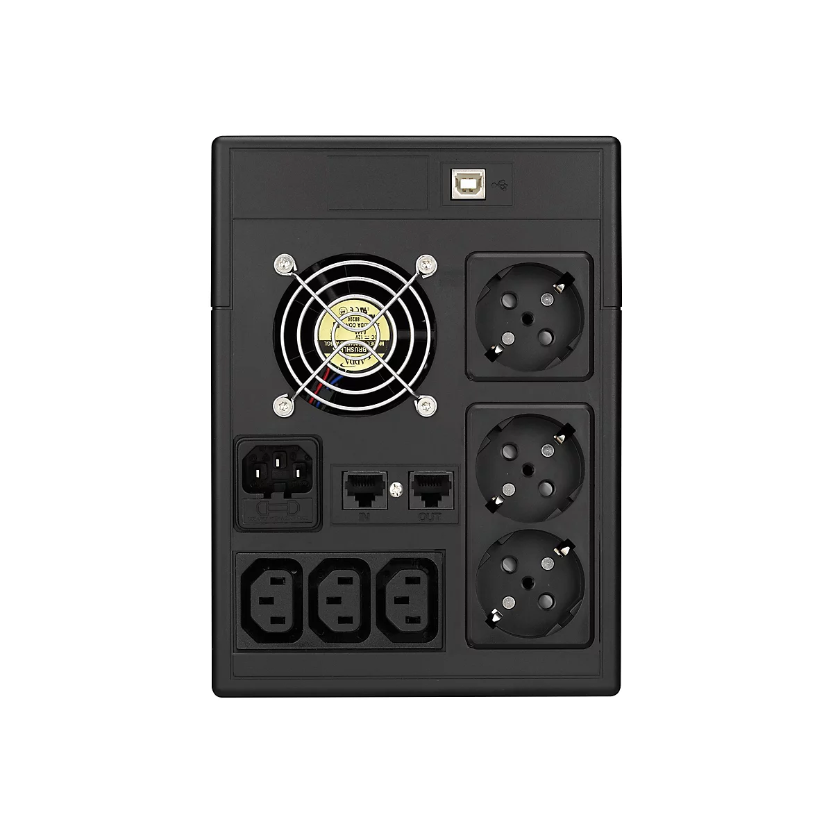 Rückseite einer USV in Schwarz. Zu sehen sind Anschlüsse, Lüfter, USB-Anschluss und Steckdosen.