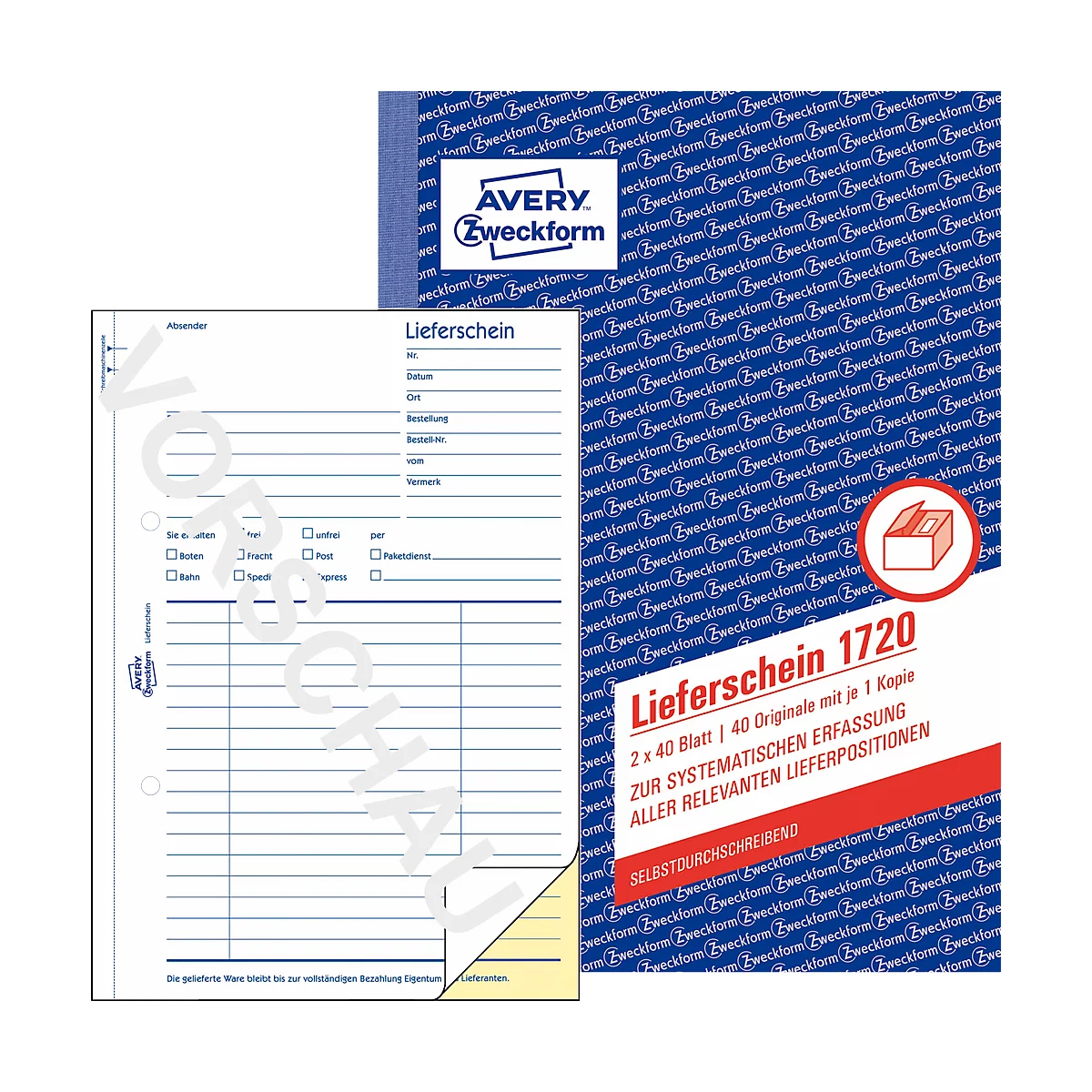 Lieferschein Avery Zweckform 1720, Format A5, 1 Buch mit 2 x 40 Blatt, FSC®-Papier, weiß/gelb