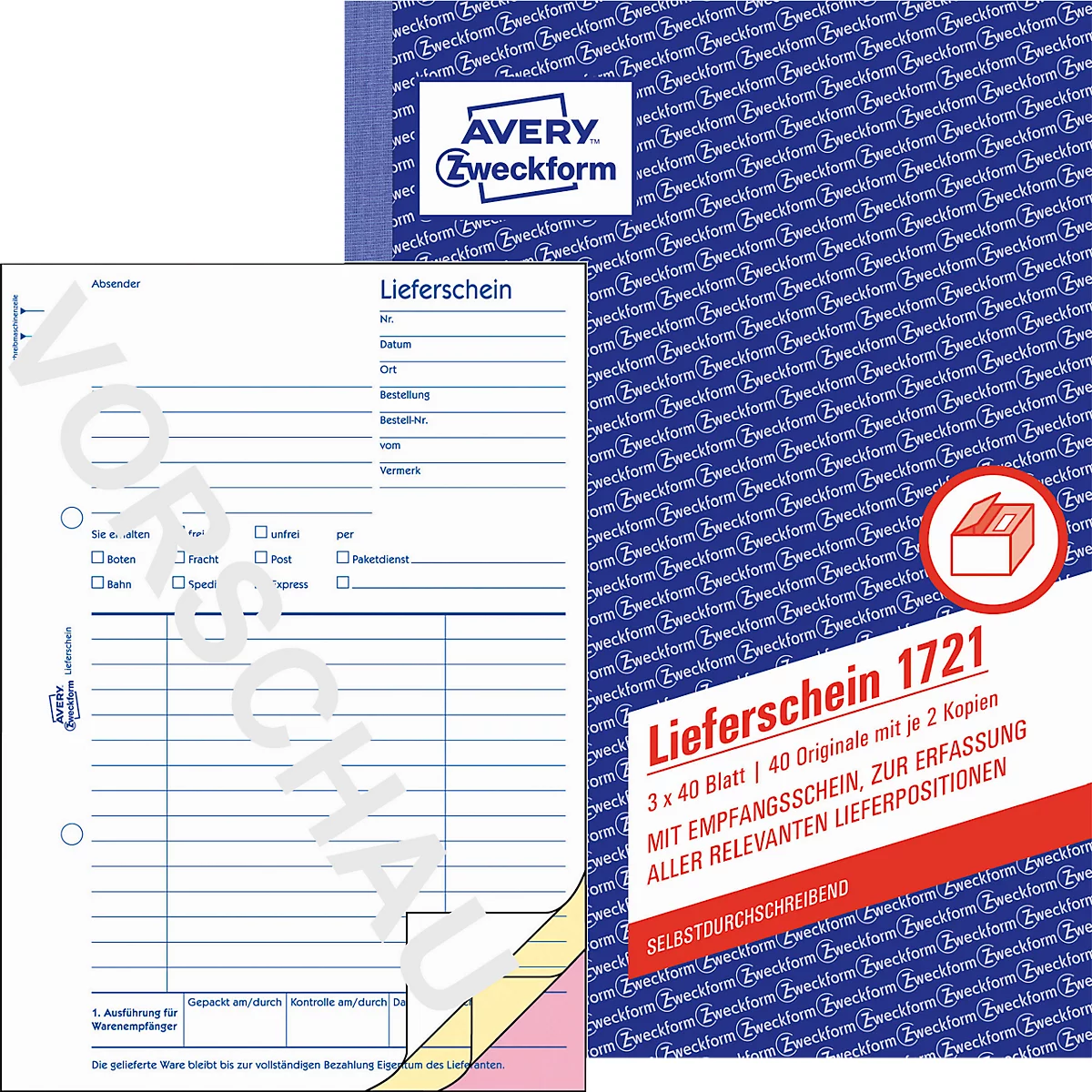 Lieferscheine Avery Zweckform 1721-5, mit Empfangsschein, Format A5, 5 Bücher mit jeweils 3 x 40 Blatt, FSC®-Papier, weiß/gelb/rosa