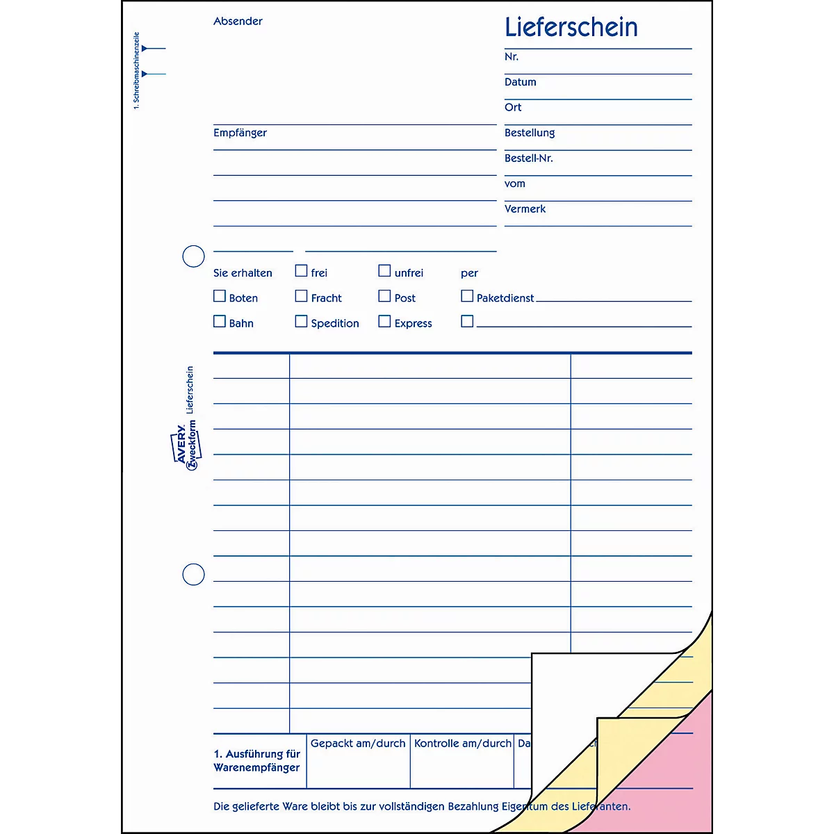 Lieferscheine Avery Zweckform 1721-5, mit Empfangsschein, Format A5, 5 Bücher mit jeweils 3 x 40 Blatt, FSC®-Papier, weiß/gelb/rosa
