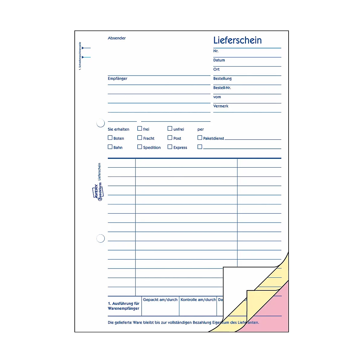Lieferscheine Avery Zweckform 1721, mit Empfangsschein, Format A5, 1 Buch mit 3 x 40 Blatt, FSC®-Papier, weiß/gelb/rosa