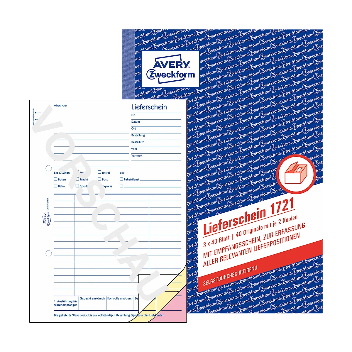 Lieferscheine Avery Zweckform 1721, mit Empfangsschein, Format A5, 1 Buch mit 3 x 40 Blatt, FSC®-Papier, weiß/gelb/rosa