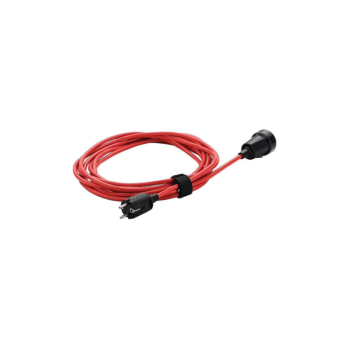 Câble d'alimentation rouge avec deux prises noires. Le câble est enroulé et fixé avec une fermeture velcro.