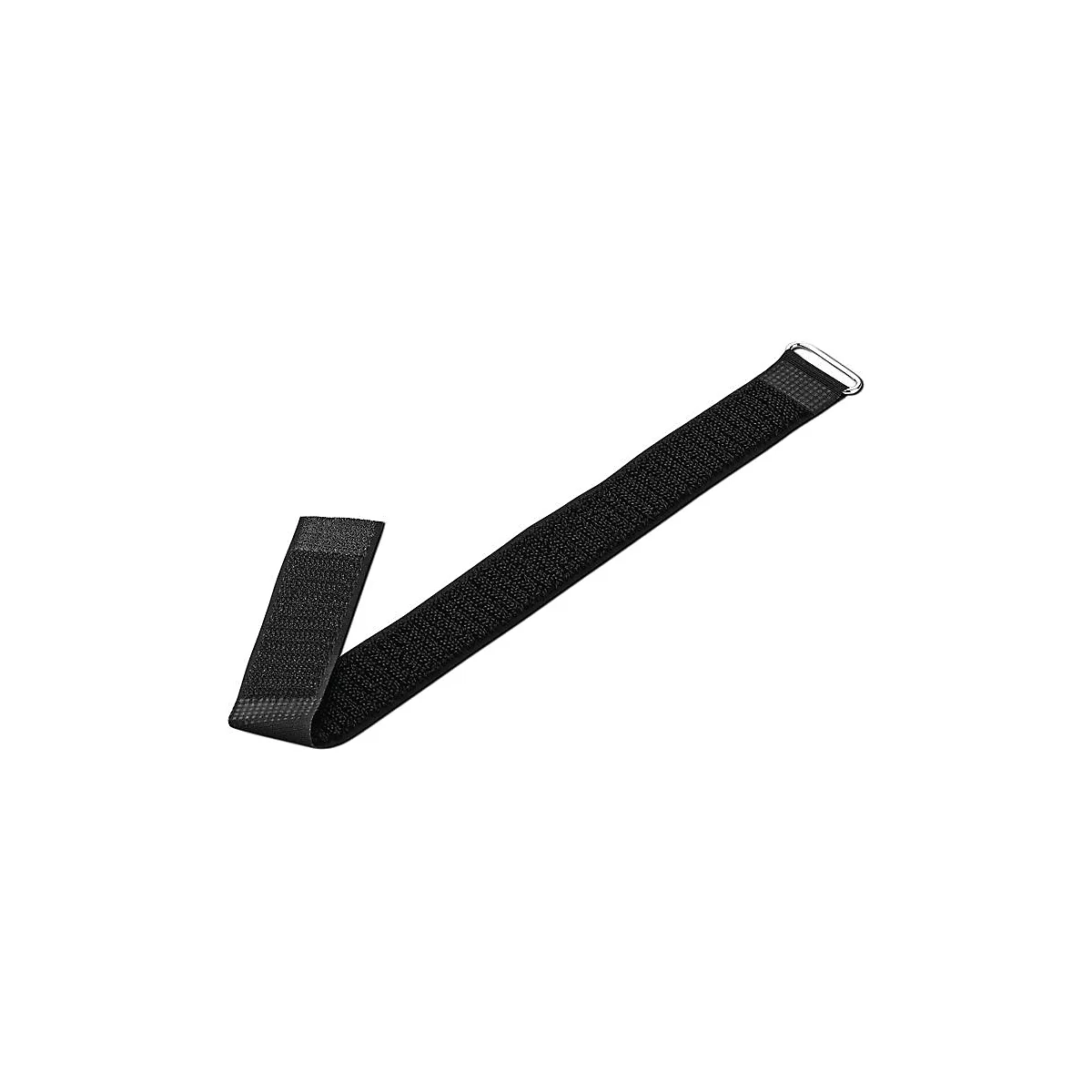 Sangle velcro noire avec anneau métallique pour serrer.
