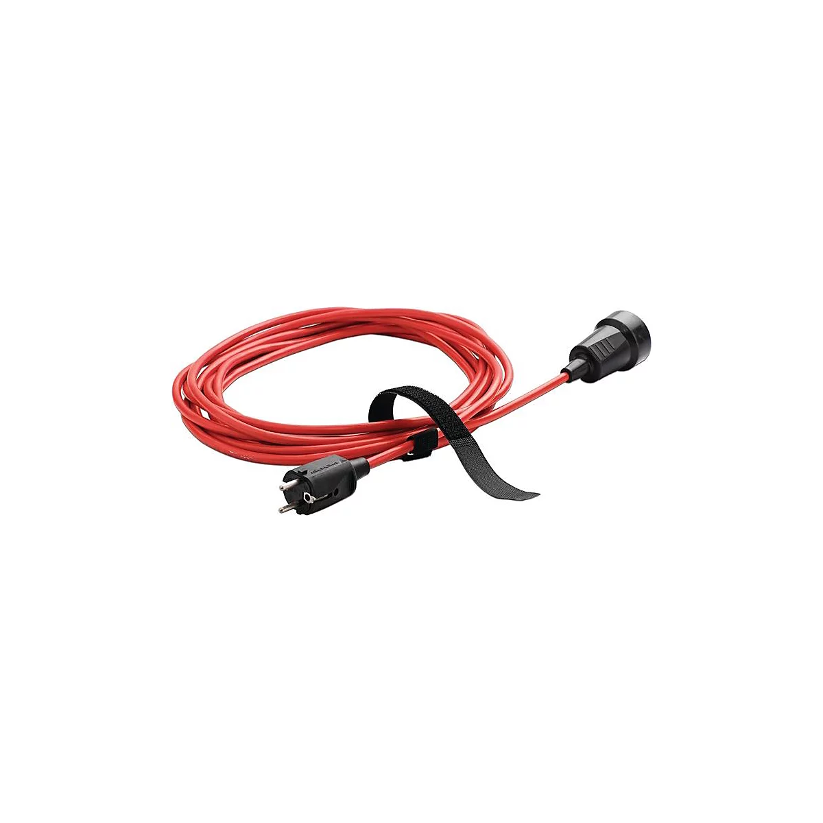 Câble de rallonge rouge, enroulé et fixé avec une bande velcro noire, avec une prise et une douille noires.