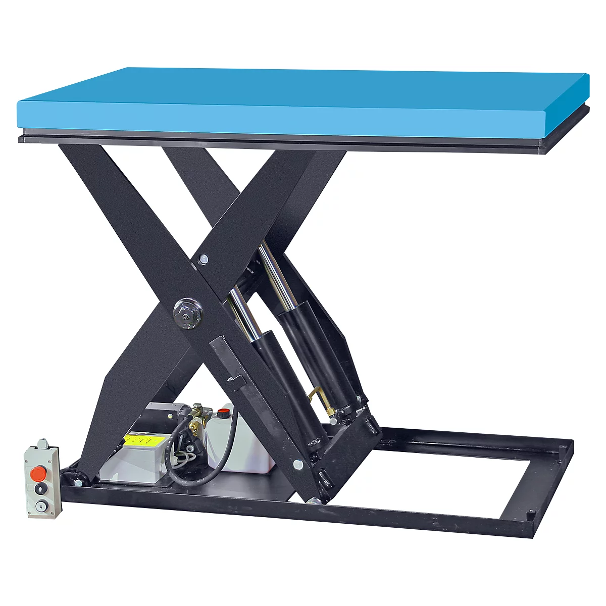 A black hydraulic scissor lift table with a light blue work surface and a black metal construction.