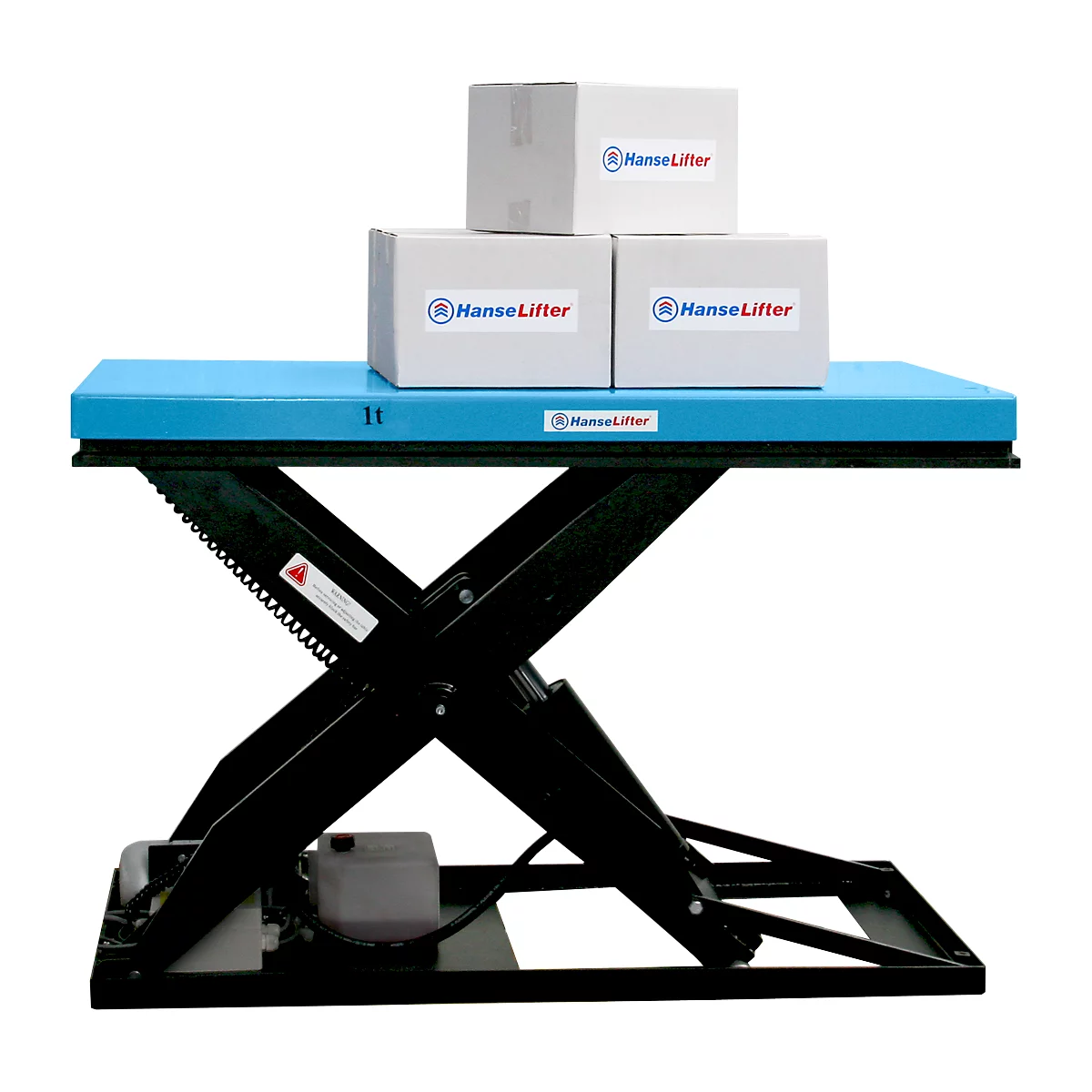 Lifting table with boxes. Blue platform, black scissor system. Boxes say "HanseLifter".