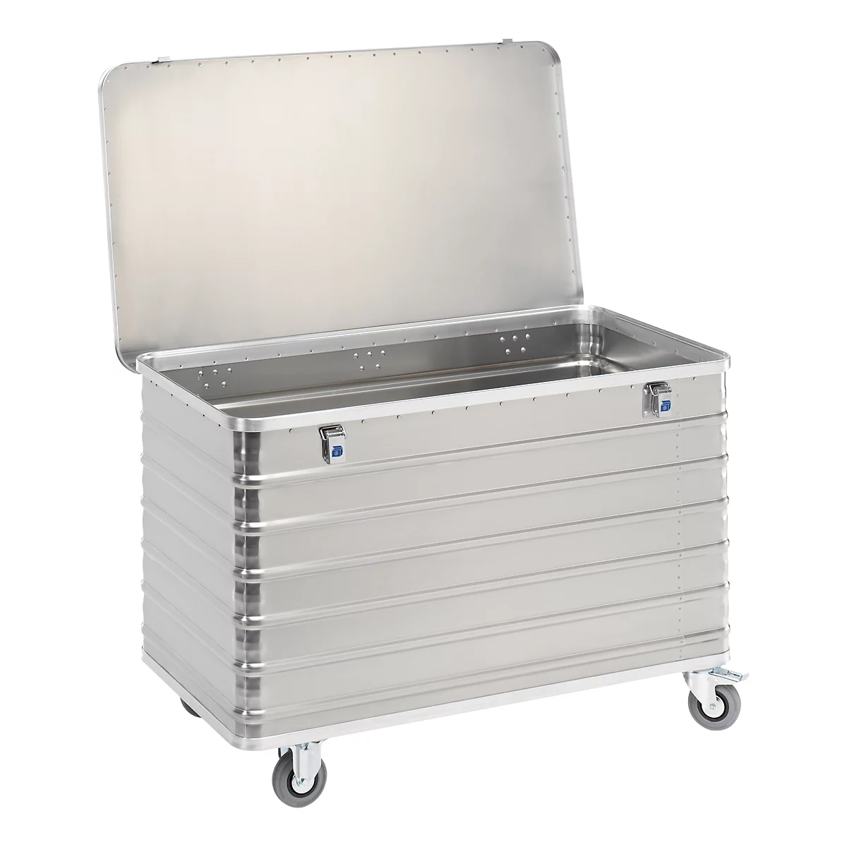A silver transport box with an open lid, on wheels. The box has horizontal grooves and two blue latches.
