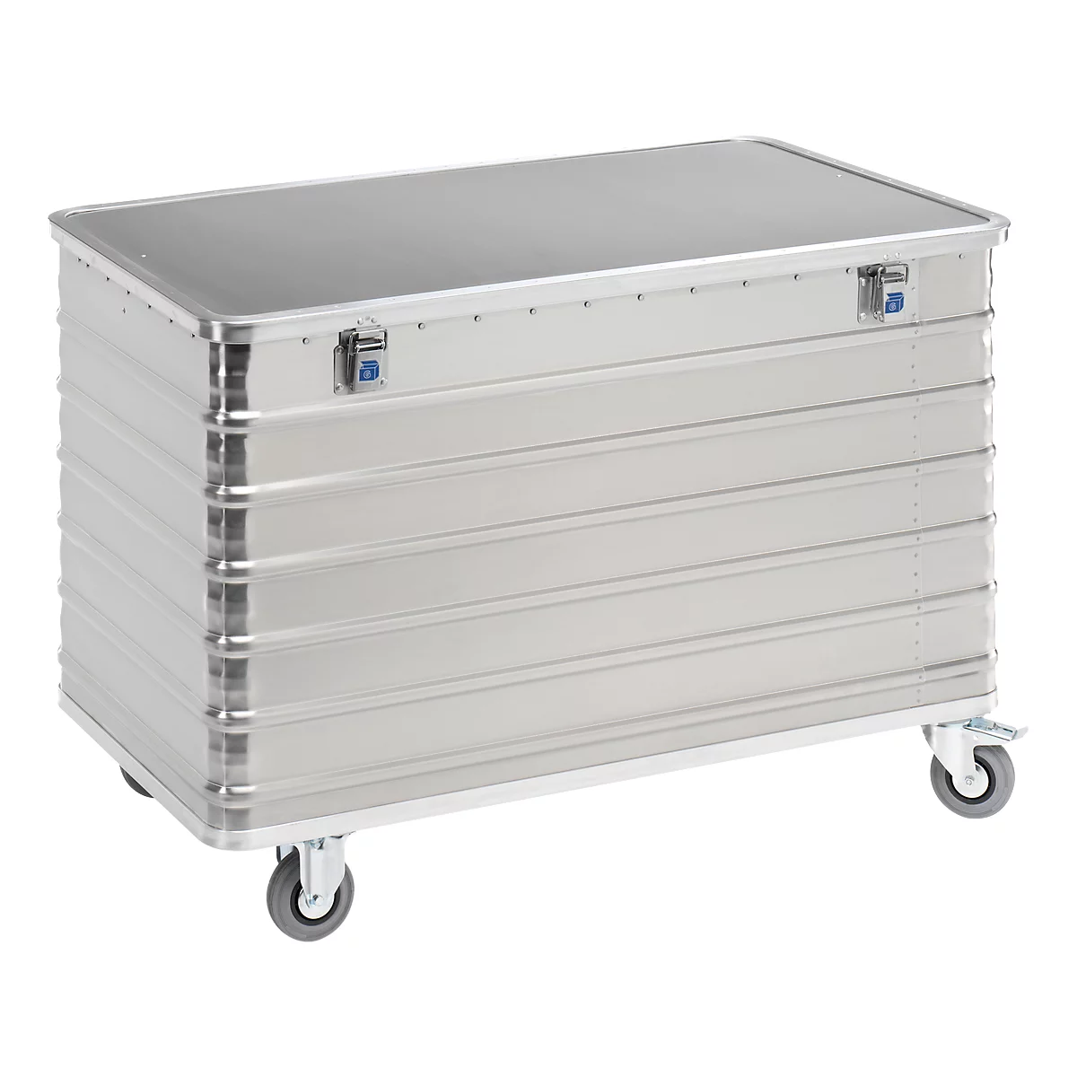 Grey transport box with wheels and lid. Made of corrugated metal, clasps and rollers.