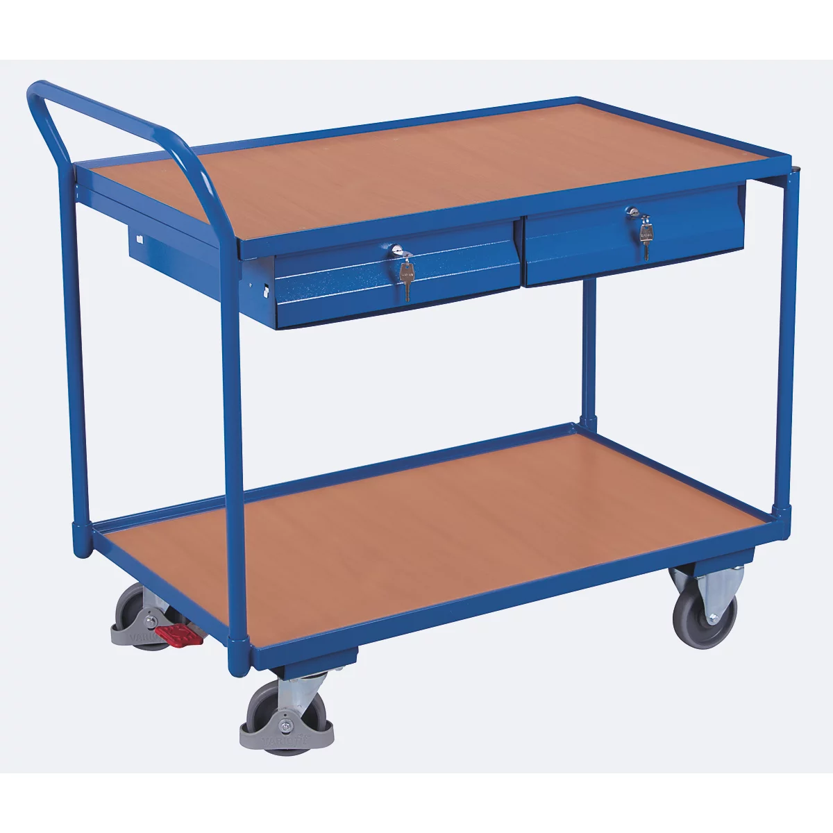 Blue service trolley with two levels and drawers. Wood-colored surfaces, blue frames, on castors.
