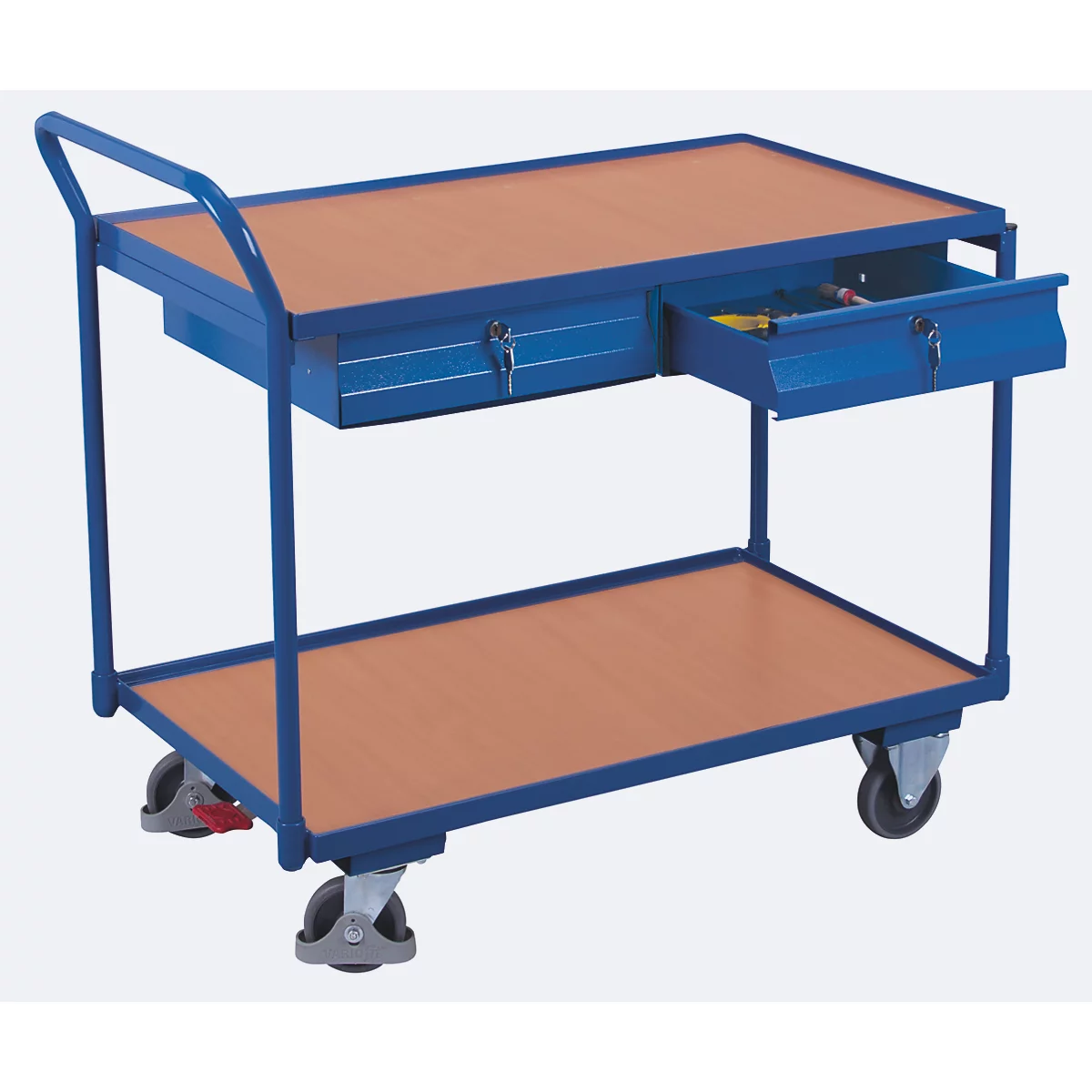 Blue serving cart with wooden shelves, two drawers with keys, and four wheels.