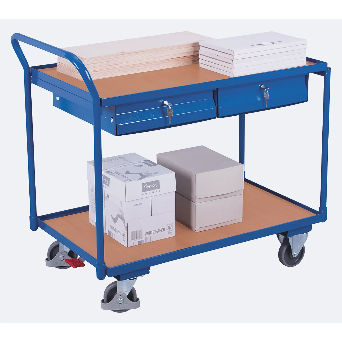 Blue workshop cart with wooden shelves, drawers, and castors. Shelves above and below, loaded with paper. Lockable drawers.