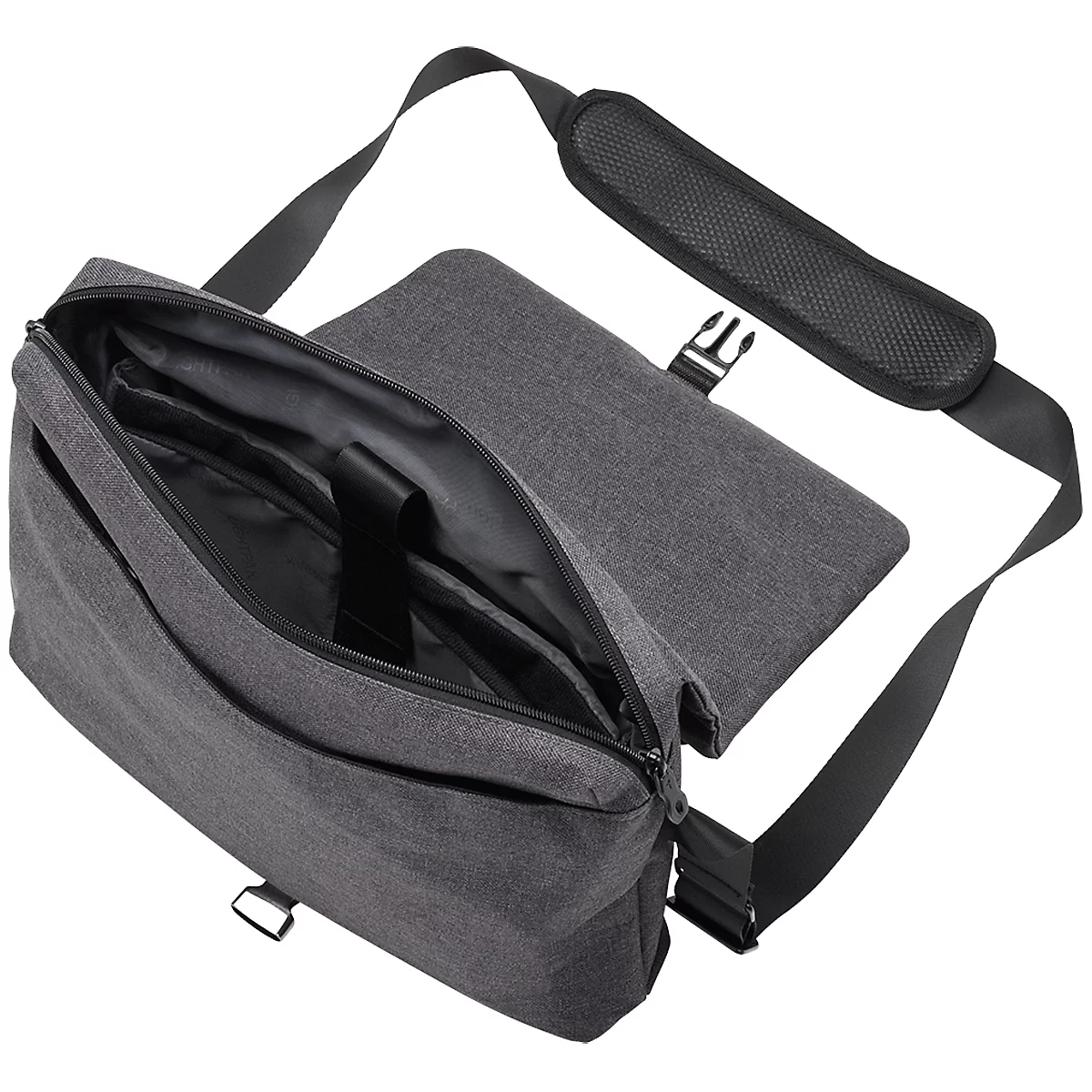 Grey messenger bag with open lid, view into the inner pockets. Black shoulder strap with padding.