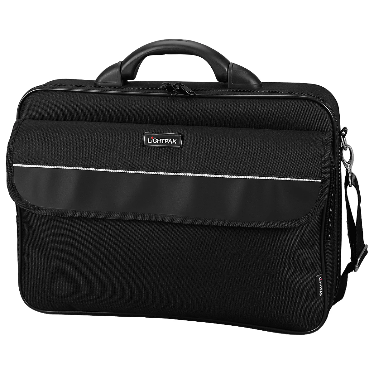 Schwarze Laptoptasche mit Tragegriff, Schulterriemen und LIGHTPAK-Logo.