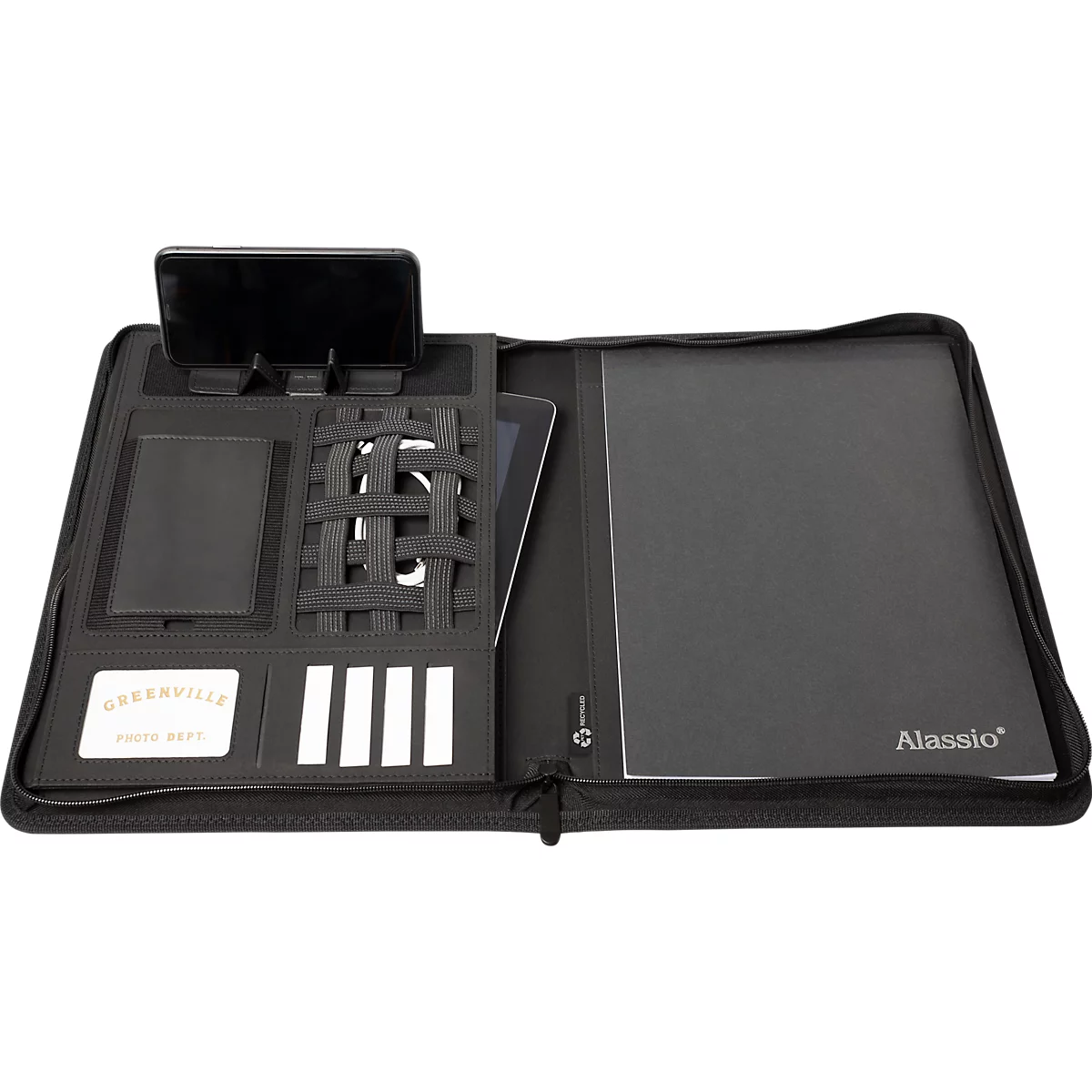 Lightpak® schrijfmap, A4, tabletvak, houder voor mobiele telefoon/tablet, multifunctionele riemen, blocnote, ritssluiting, RPET, antraciet