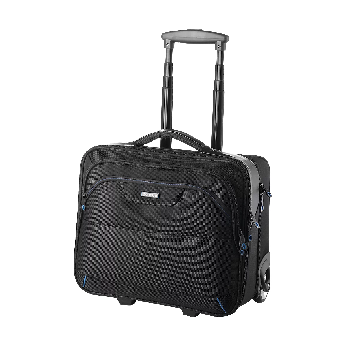 Black rolling briefcase with retractable handle and small silver logo.