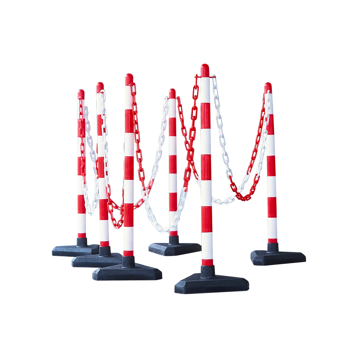 Six red and white striped barrier posts with chains, set up for demarcation.