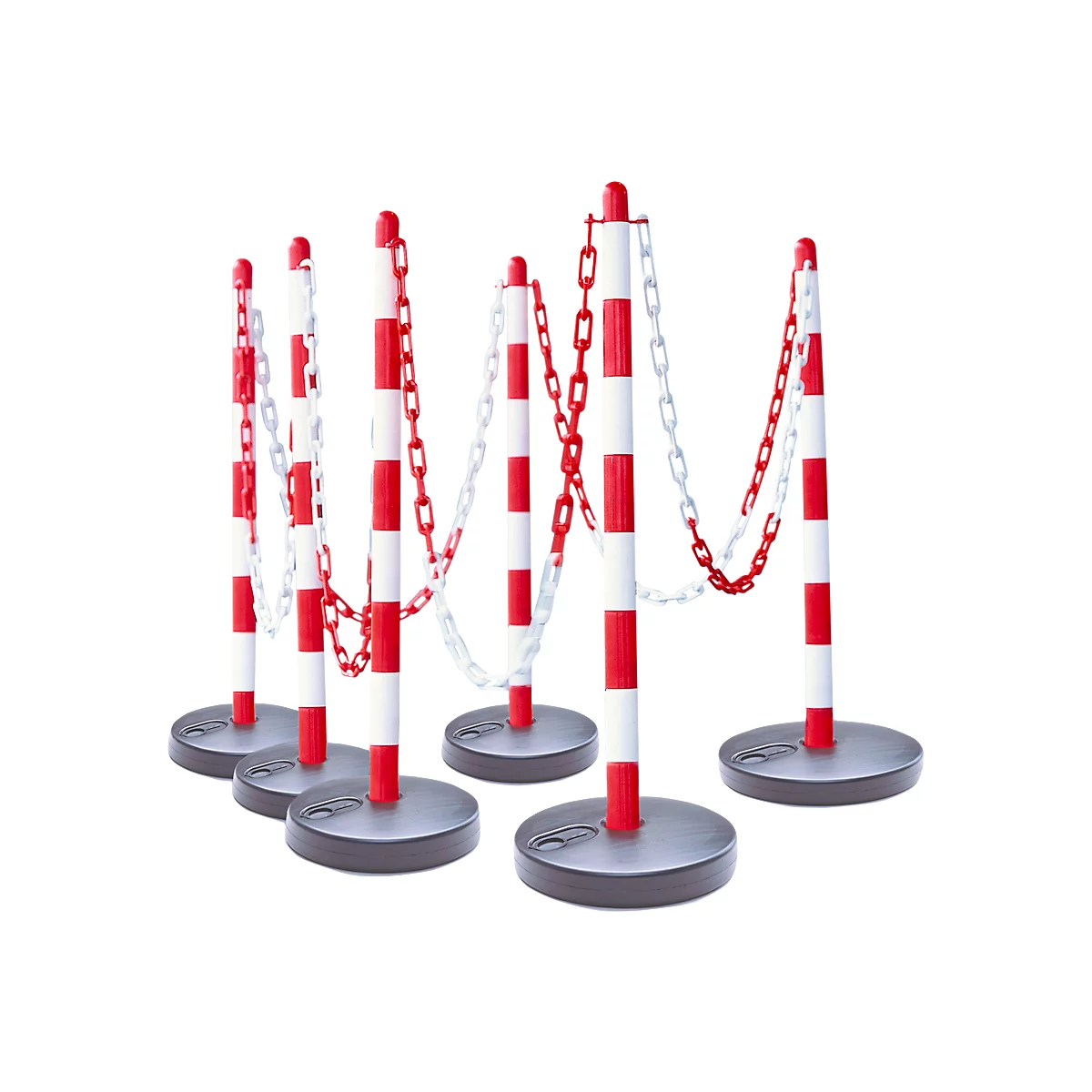 Row of red and white striped barrier posts with chains, on gray ground.