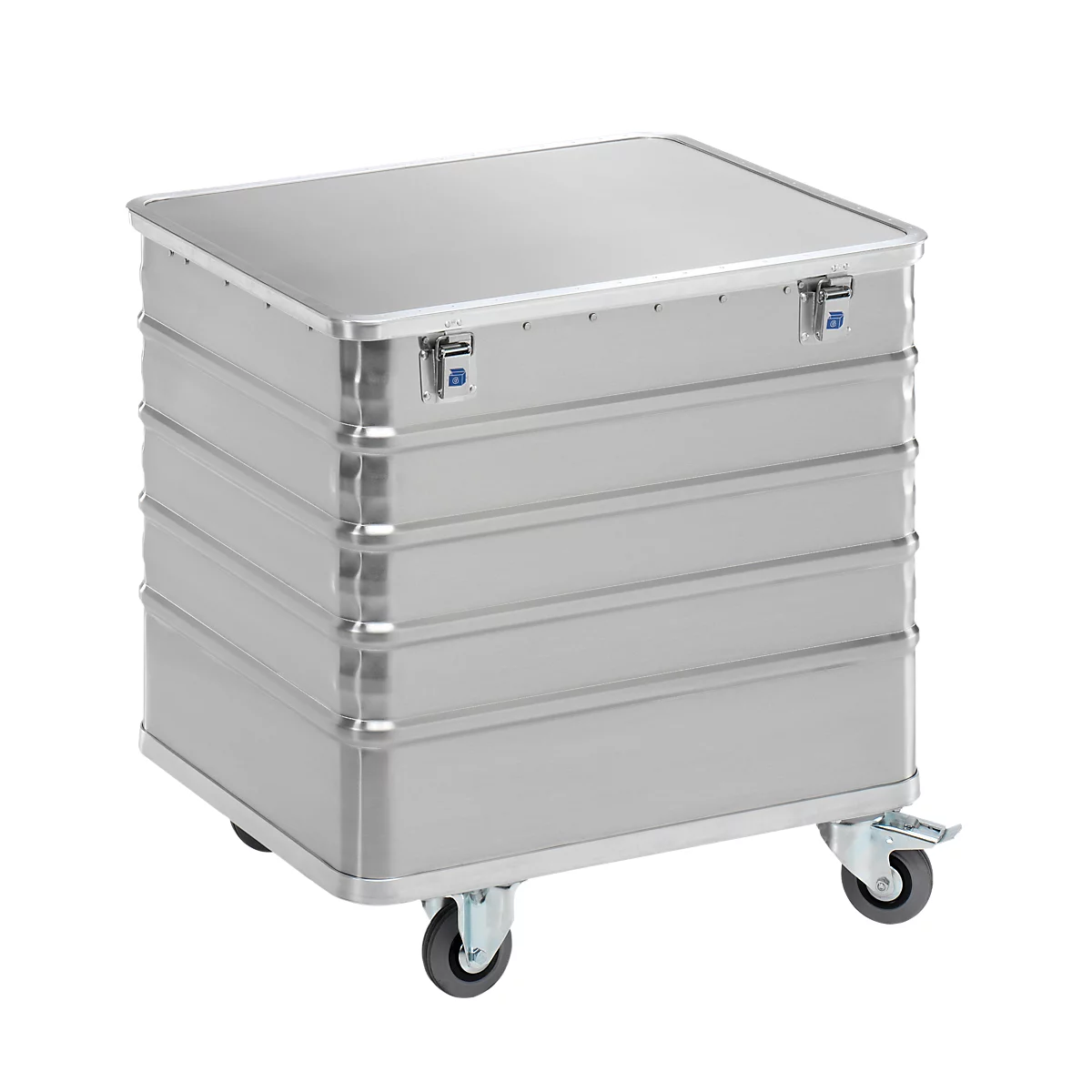 Silver transport box on wheels, lid with clasps.