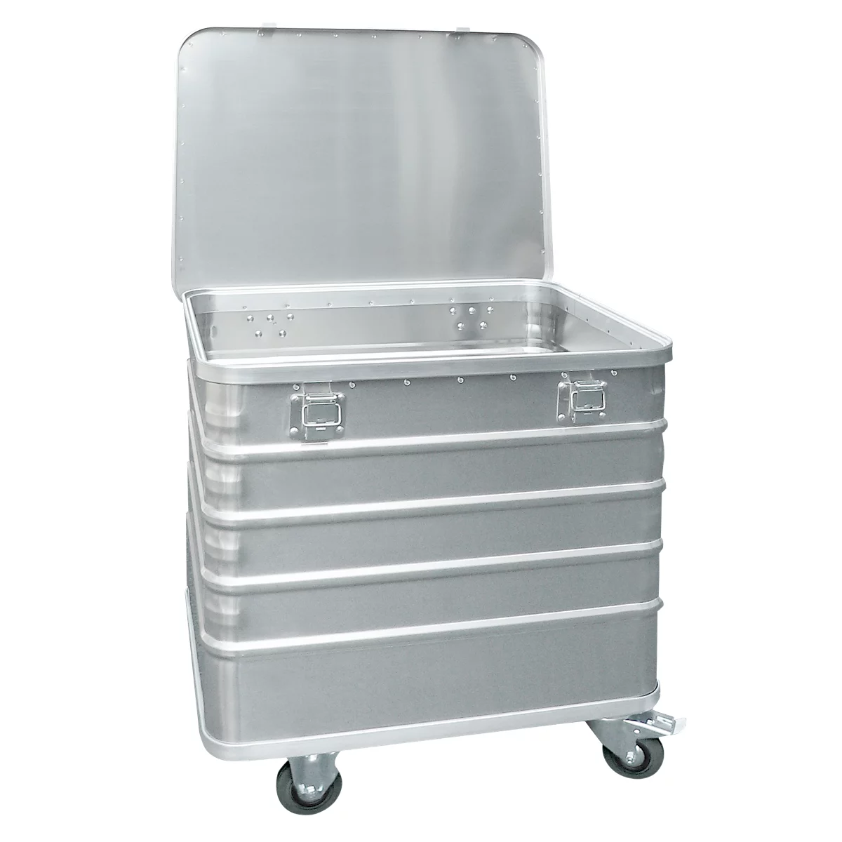 A silver, rectangular trunk with wheels and an open lid.