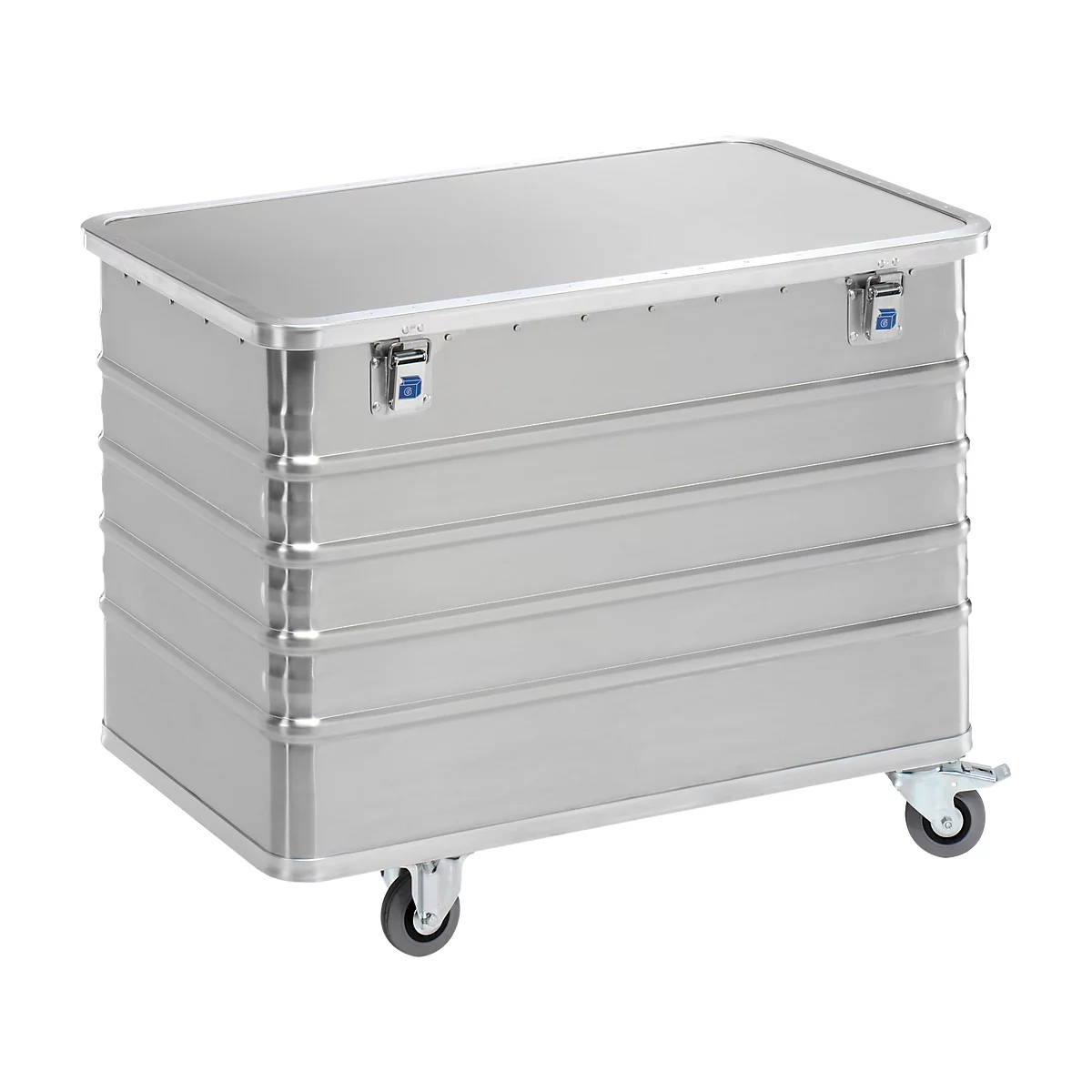 Silver transport box on wheels. Metal lid, handles and wheels.