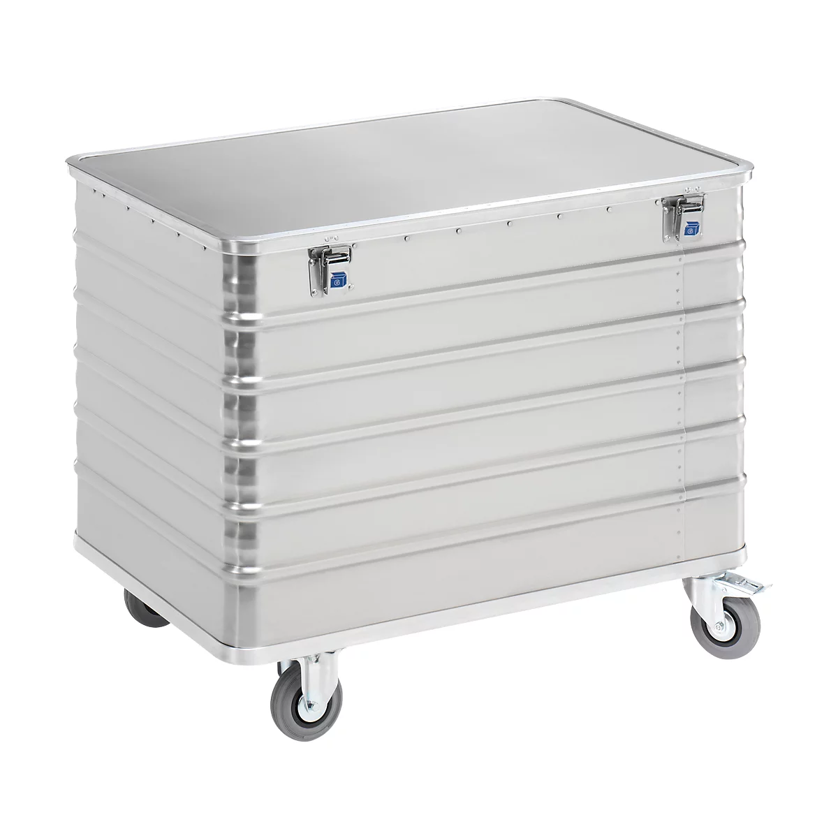 Silver transport box on wheels with lid and folding latches.