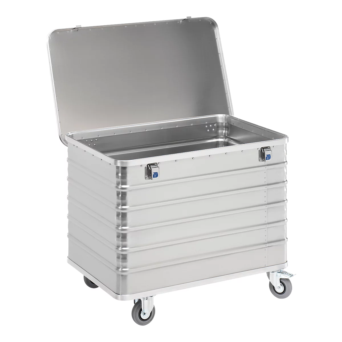 Silver transport box with lid open, on castors.