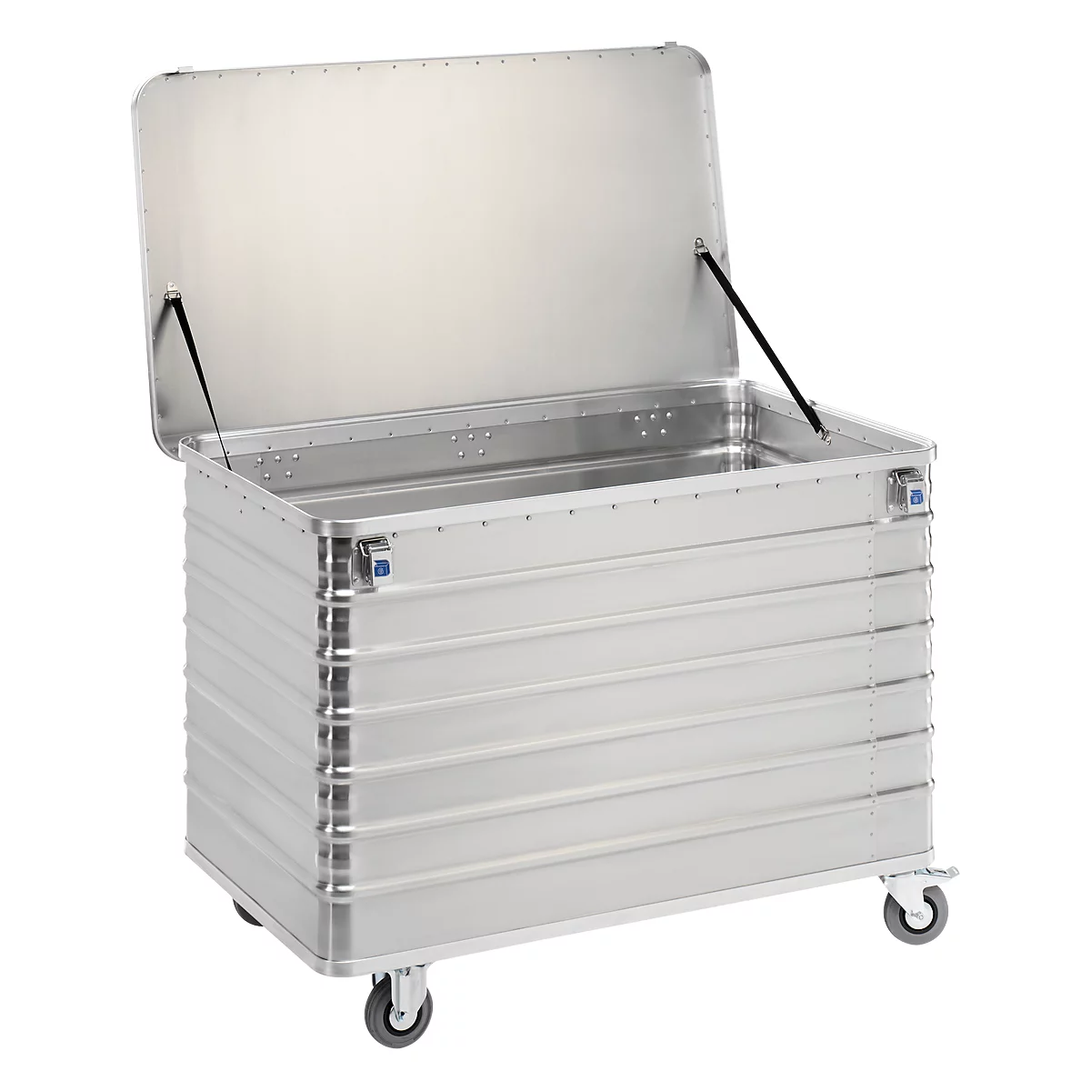 Open aluminum transport container with lid and rollers.