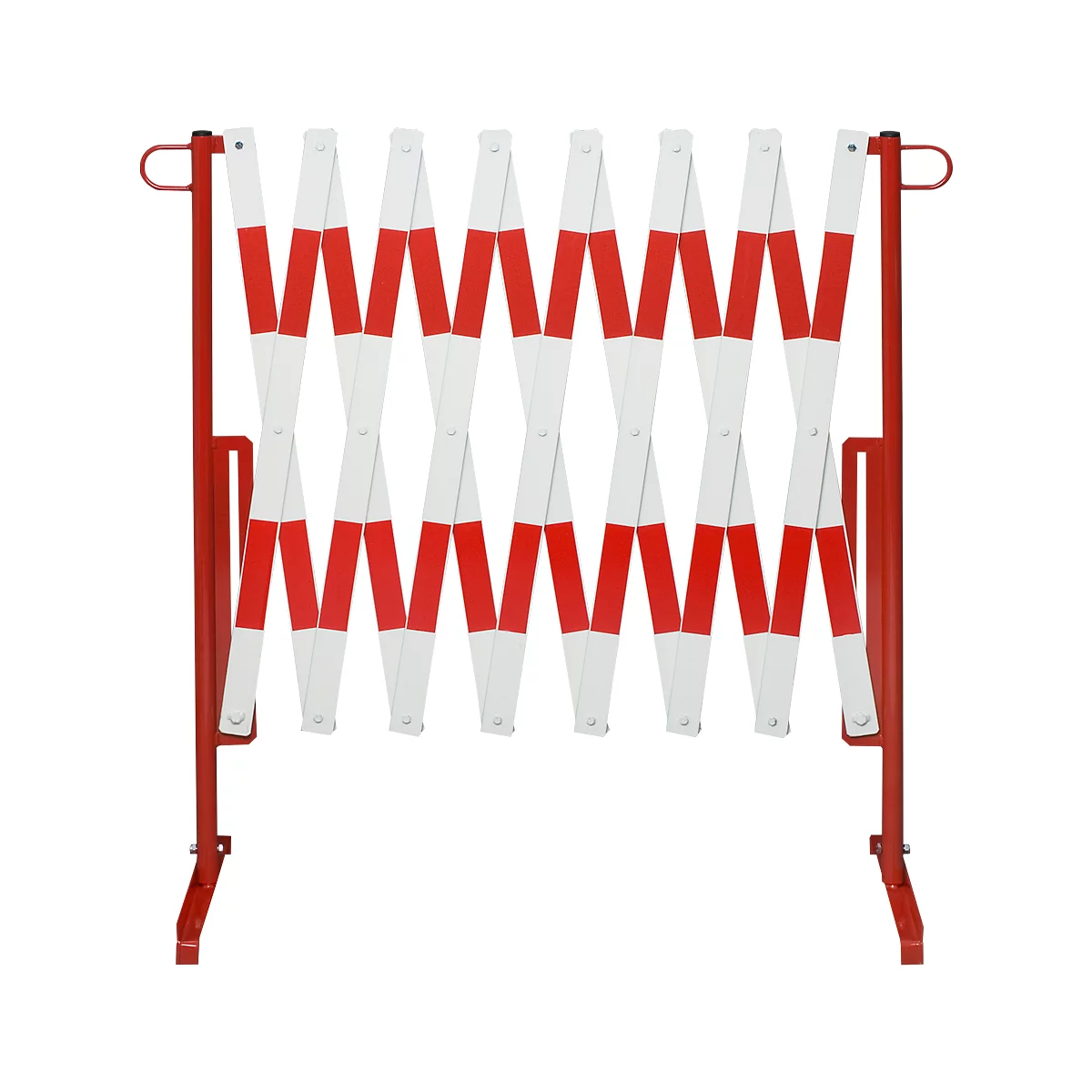 Expandable red and white striped barrier. Mounted on a red metal frame, for securing areas.