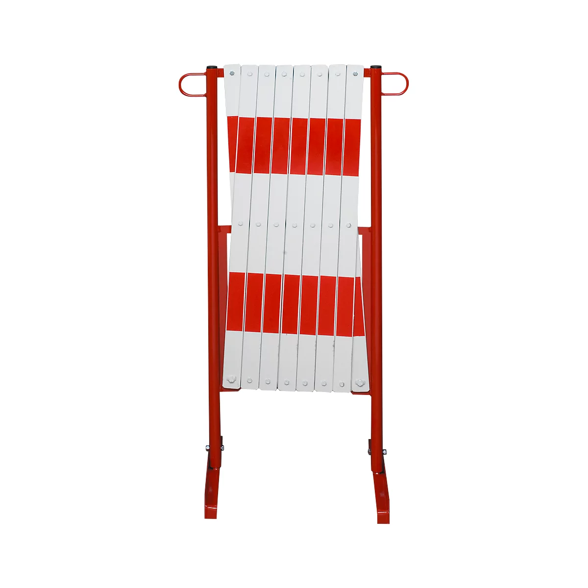 Expandable red and white striped barrier, held by a red frame.