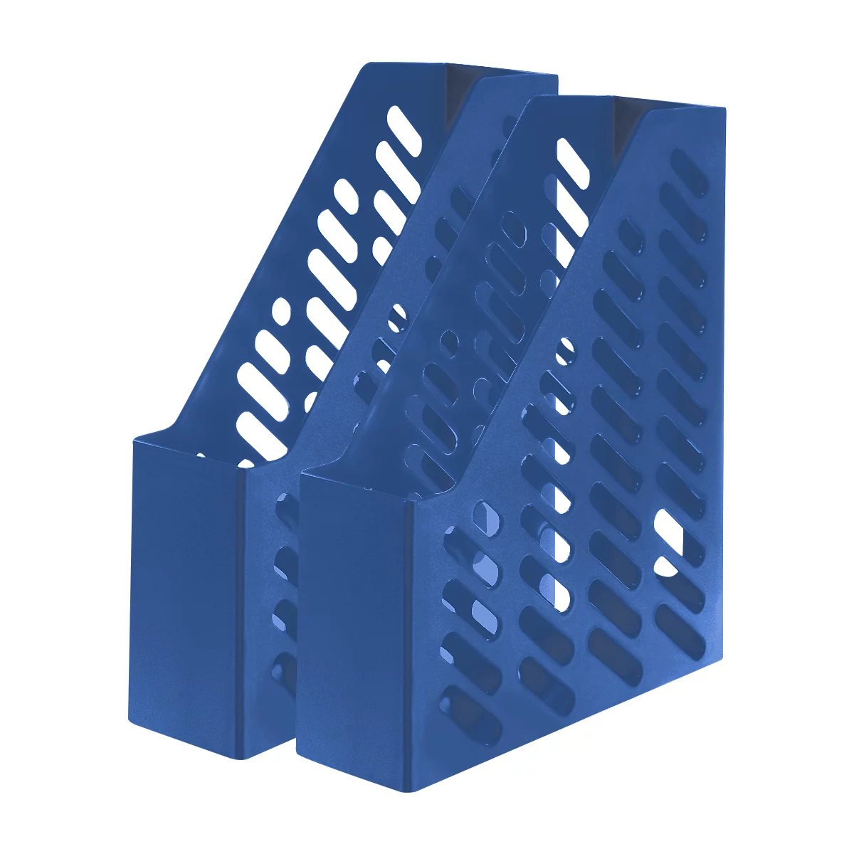 Tres revisteros azules y abiertos con fondos rectangulares, el lado está perforado con agujeros oblongos.