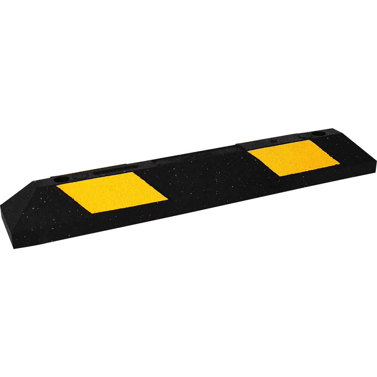 Tope de estacionamiento de goma negra con dos marcas reflectantes amarillas, sobre fondo blanco.