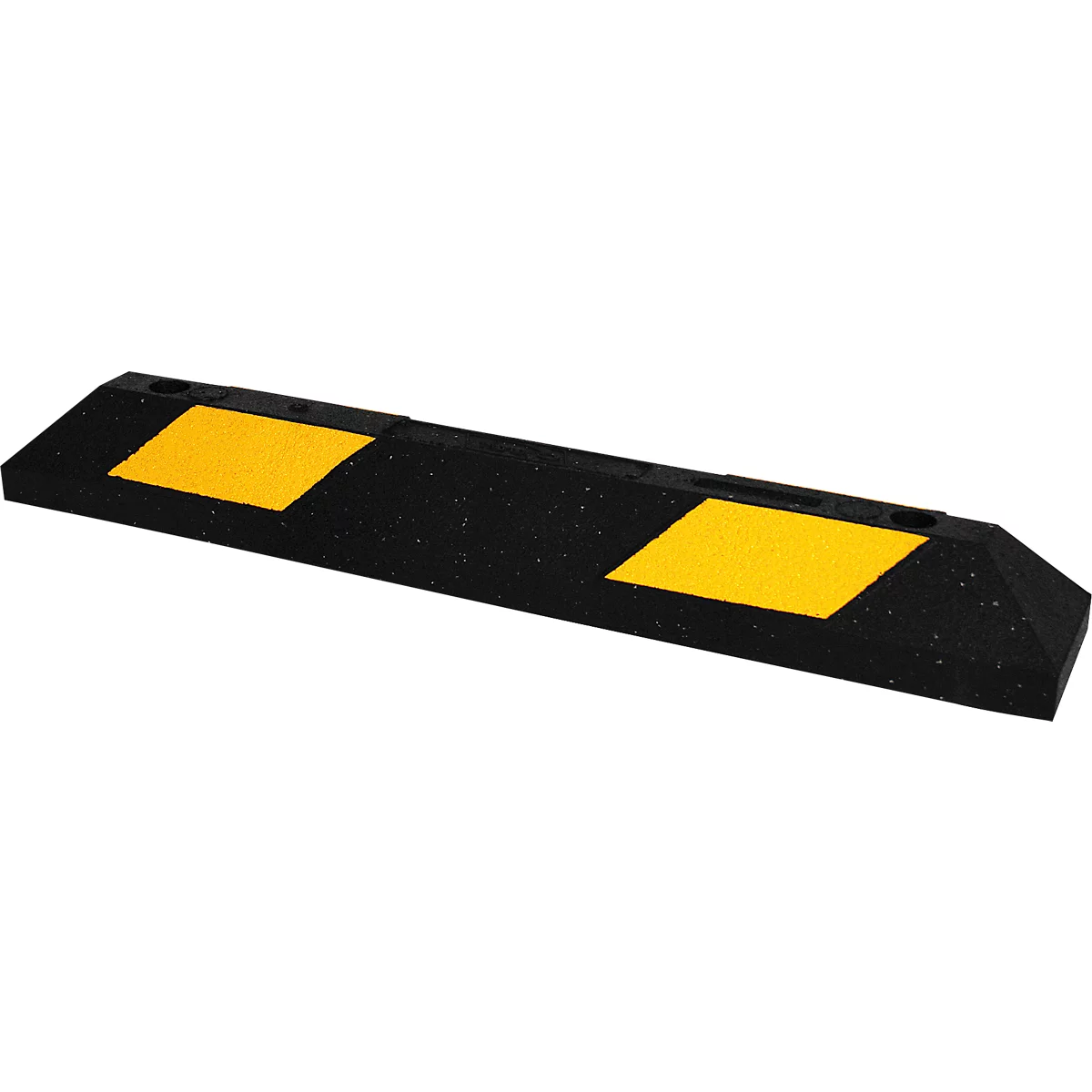 Tope de estacionamiento de goma negro con dos marcas reflectantes amarillas sobre un fondo blanco.