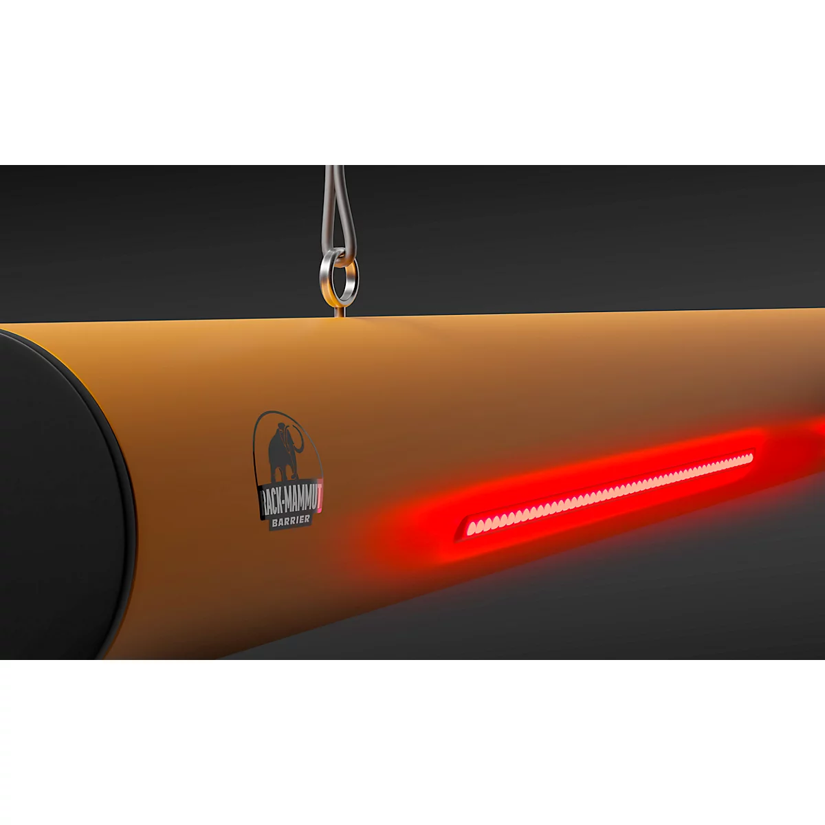 Un radiateur orange suspendu au plafond. Un élément rouge et incandescent est visible.