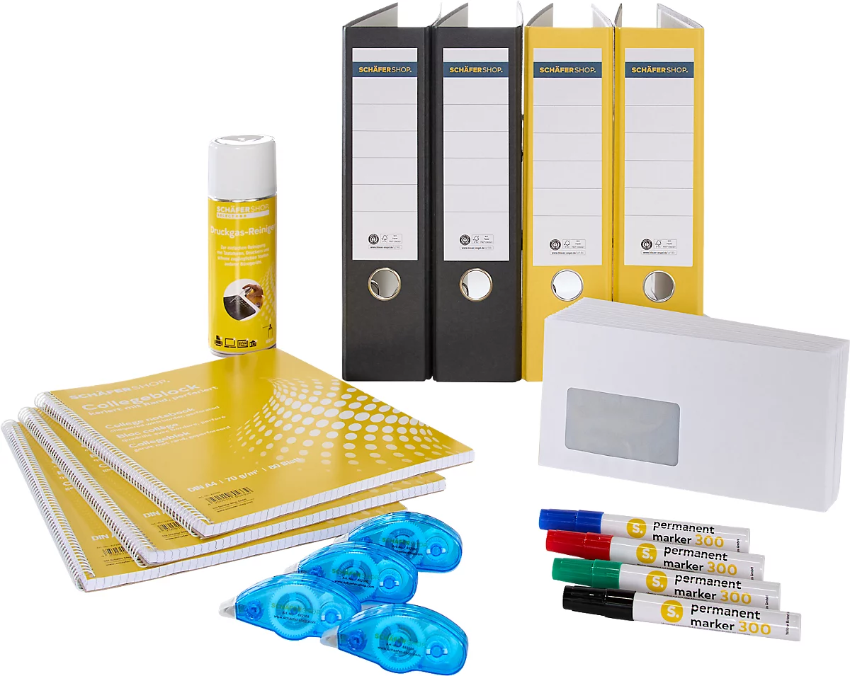 Material de oficina sobre fondo blanco: carpetas, notas adhesivas, rodillos correctores, rotuladores, sobre y spray de limpieza.