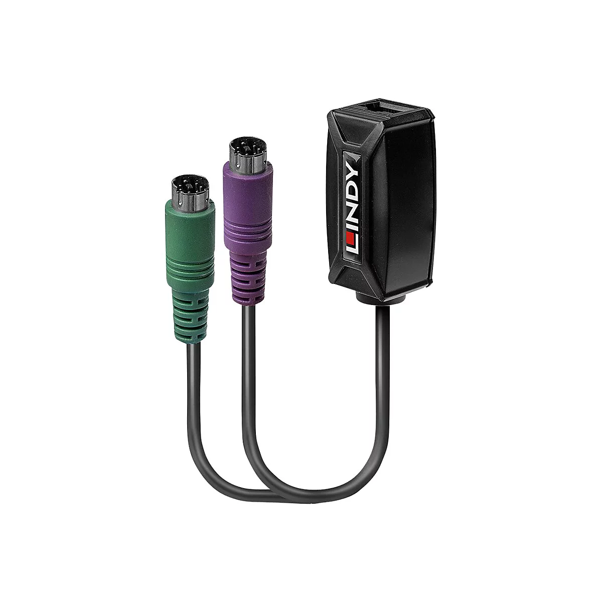Ein schwarzer Lindy-Adapter mit grünen und lila PS/2-Steckern.