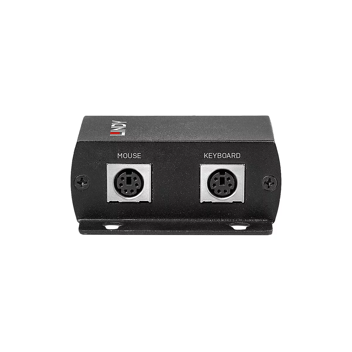 Schwarzes Gehäuse mit 'MOUSE' und 'KEYBOARD' Anschlüssen. Oben steht 'LINDY'.