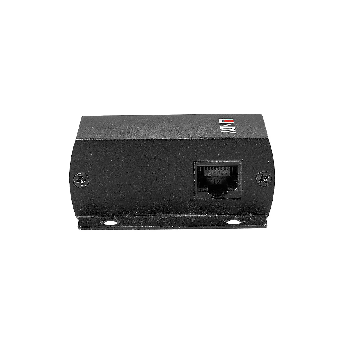 Schwarzer Netzwerk-Konverter mit RJ45-Anschluss, Schrauben und der Marke LINDY.