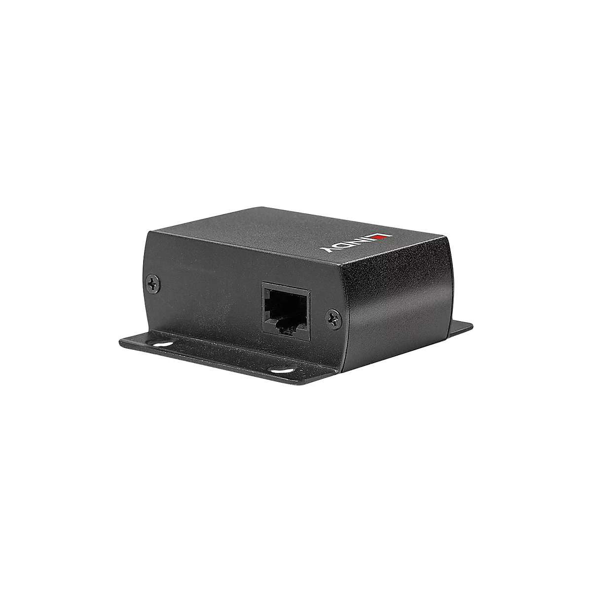 Schwarzer Netzwerk-Adapter, mit Anschluss und Logo 'LINDY'. Montagemöglichkeit an den Seiten.